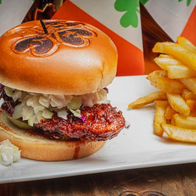 Nashville Hot Chicken Sandwich, with coleslaw, pickles, and fries.