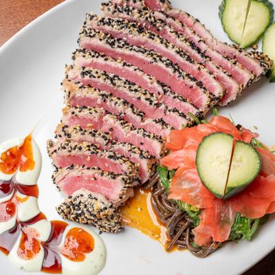 Crusted Yellowfin Tuna served with soba noodle salad.