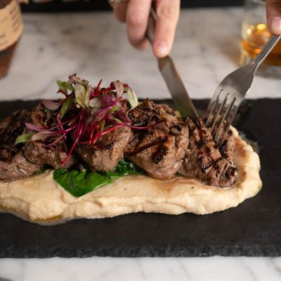 Grilled Steak Tips, with mash.