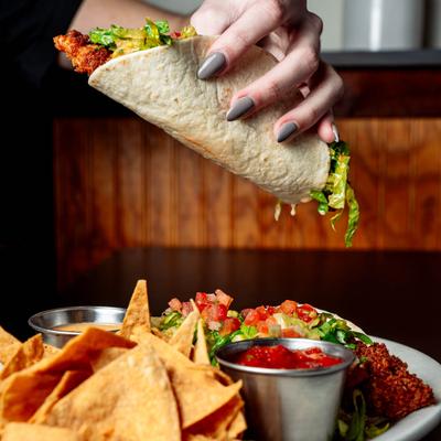 Fish Tacos, tortilla chips, and salsa.