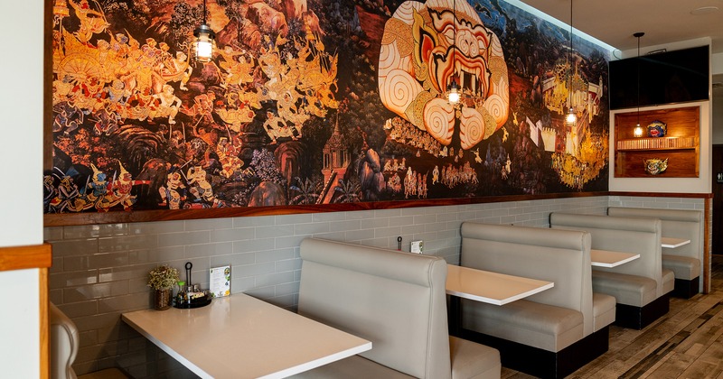 Restaurant interior, lined up upholstered dining booths