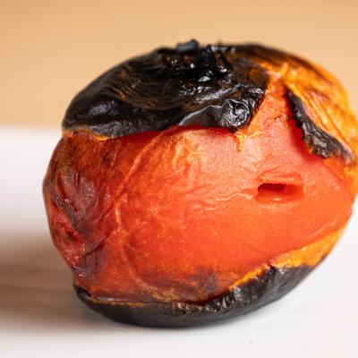 Close-up of a charred tomato on a white plate.