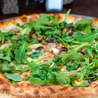 Wild Mushroom Funghi Tartufo pizza, close up.