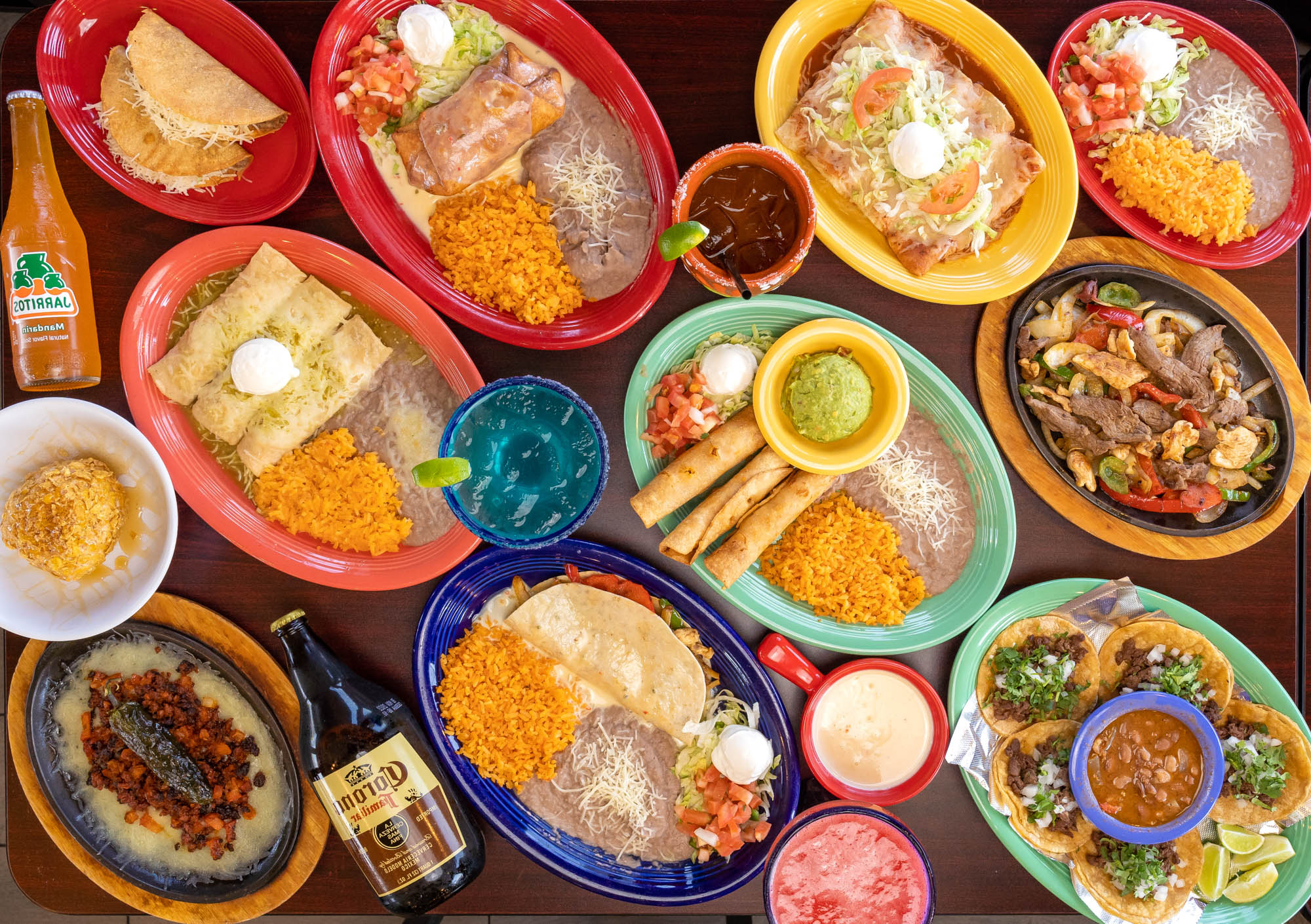 Assorted dishes and drinks, flat lay