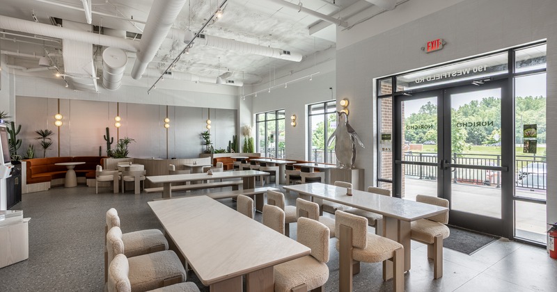 Diner area, tables and chairs, wide view