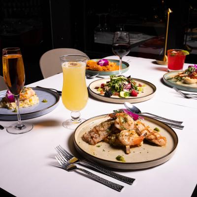 Assorted dishes on table.