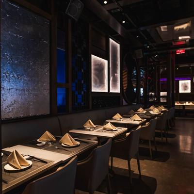 Interior, dining area, banquette seating.