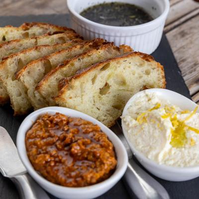 Bread with olive oil and spreads.