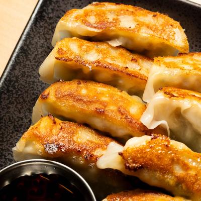 Pork gyoza, close up.