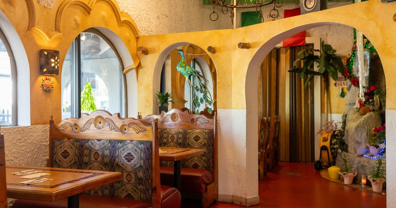 Interior seating area with double booths, colorful organic decoration