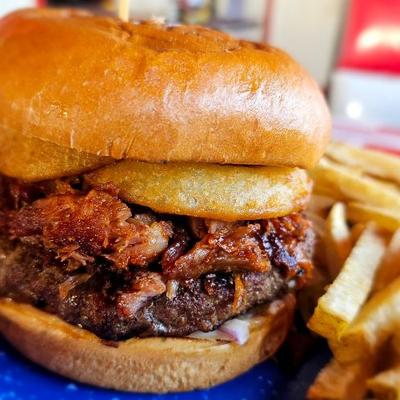 The BBQ Pulled Pork Burger with fries.