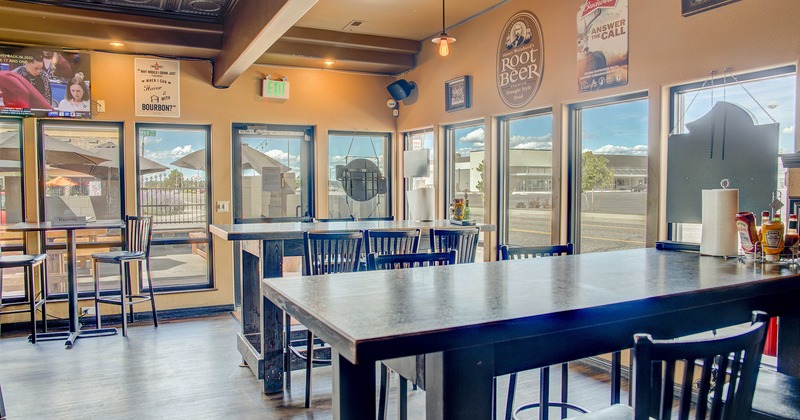 Interior, seating area, high tables and stools