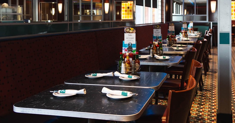 Interior, lined up dining tables with tableware