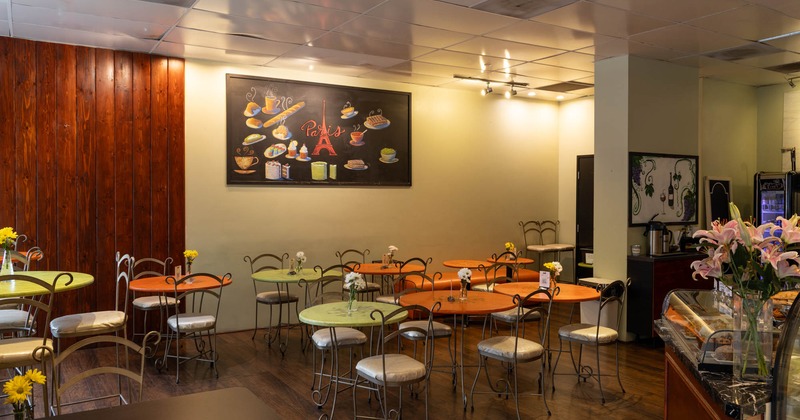 Interior seating area with chairs and tables