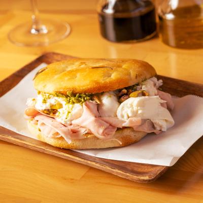 Panini Mortadella Burrata sandwich.