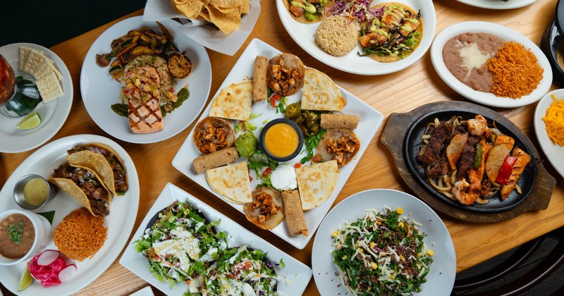Assortment of dishes served on the table, overhead view