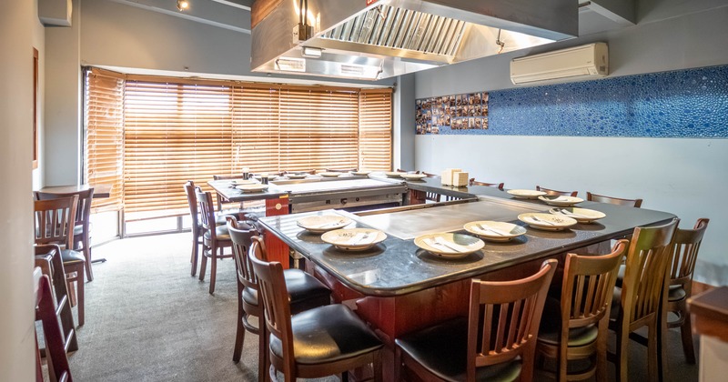 Interior, seating area with a place for cooking at the tables