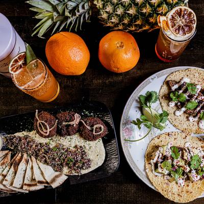Mezze Plate, steak tacos, and cocktails.