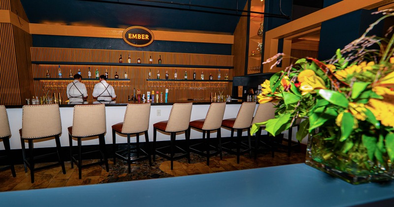 Interior, bar area, bar and bar stools