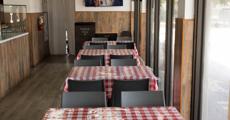 Interior, tables and chairs lined up