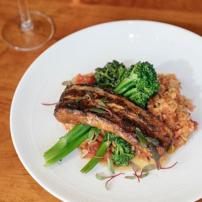Blackened Mahi Mahi, with rice and broccoli.