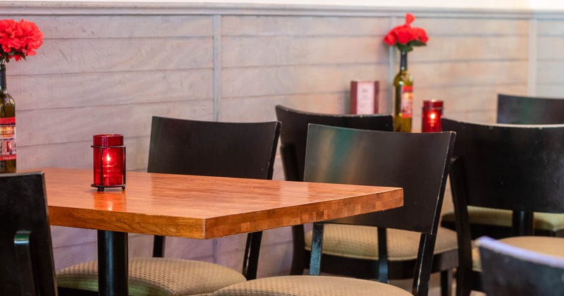 Interior, closeup of tables and seats