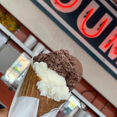 big daddy cones with vanilla and chocolate ice cream.