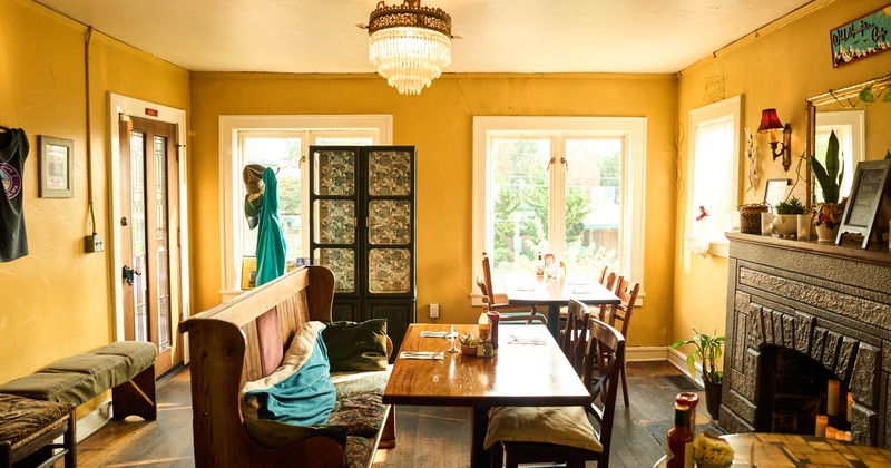 Interior, seating and tables, fireplace and decor