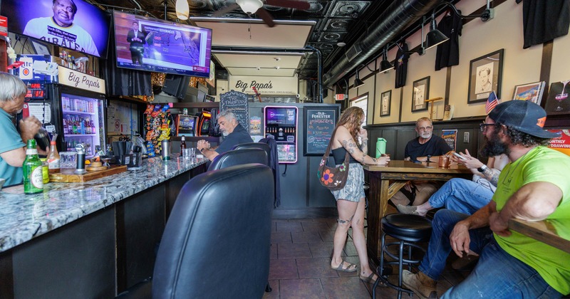 Interior, bar, booths, wide view