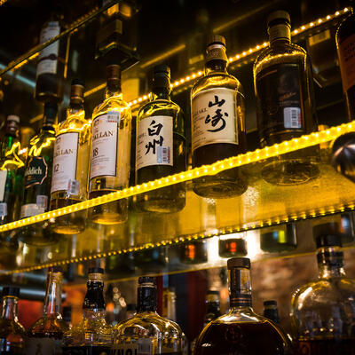 Various bottles on the shelves