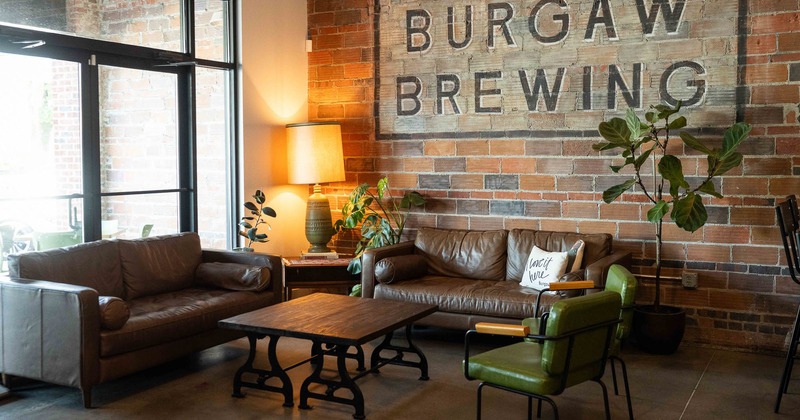 Interior, seating area with leather couch