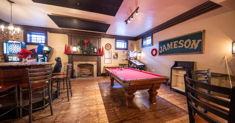 Interior, billiards and fireplace
