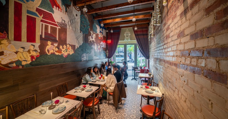Interior, seating space with tables and chairs