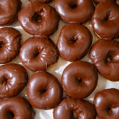 Chocolate frosted donuts.