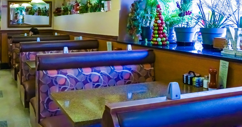 Interior, seating area with booths and tables
