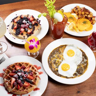 Assortment of food and drinks, top view.
