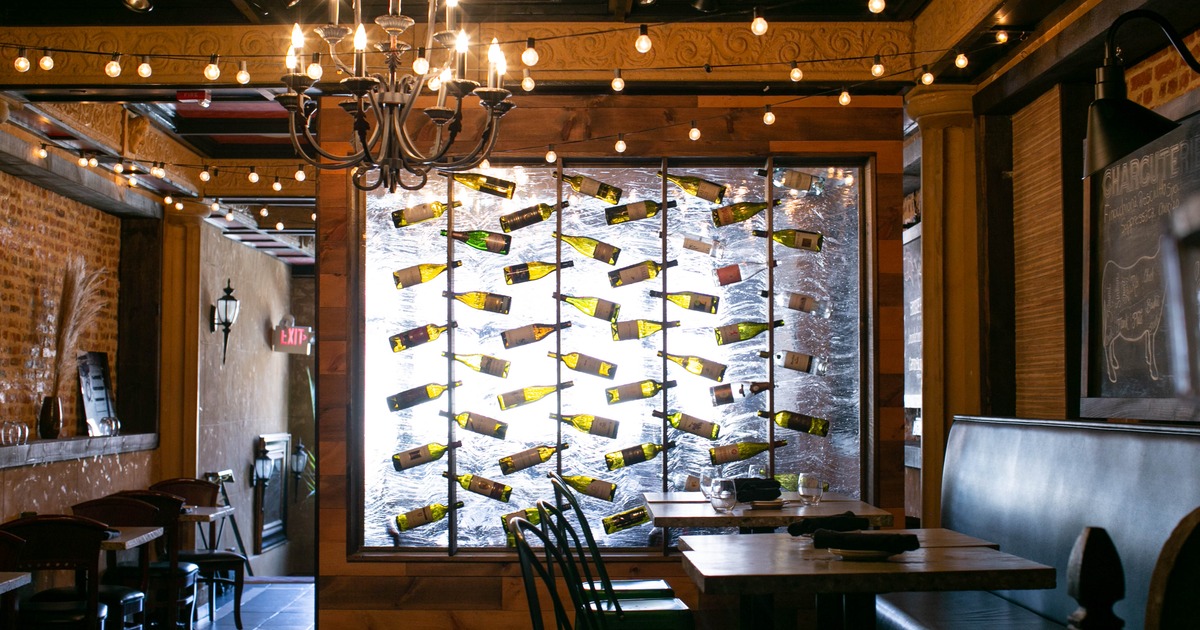 Wine bottles in a display case
