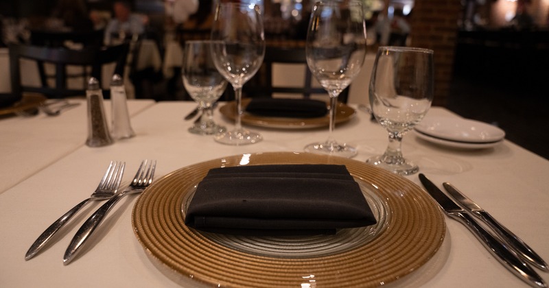 Dinner plate, utensils, napkin, and glasses