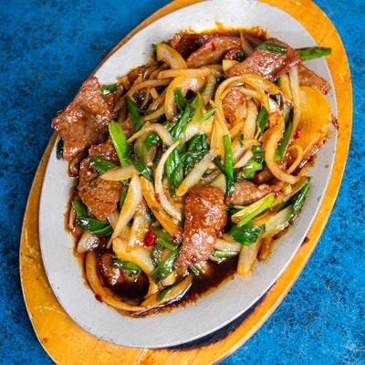 Mongolian beef, top view.