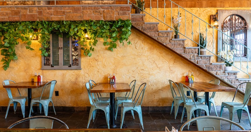 Interior, tables and chairs lined up