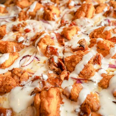 Buffalo Chicken pizza, close-up.