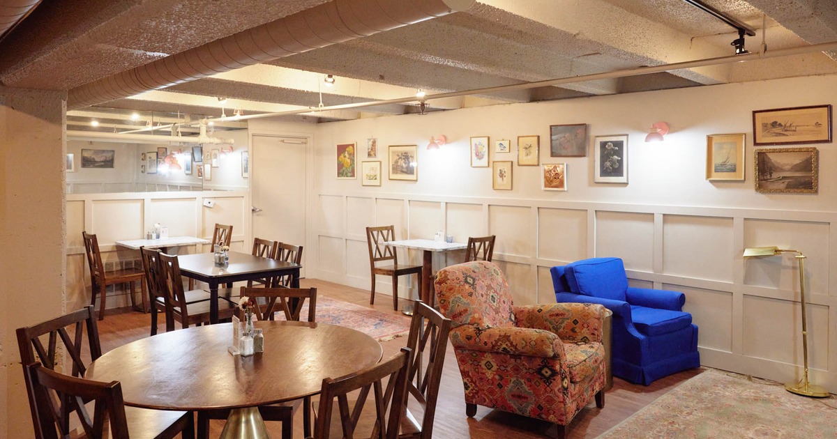 Interior, dining area and lounge seating in the corner of the room