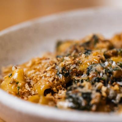 Paccheri House-Made Pork Sausage, Broccoli Rabe, Breadcrumbs, and Parmigiano.