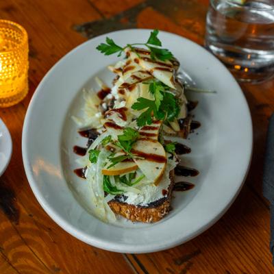 Goat cheese and pear bruschetta.