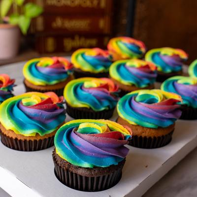 The rainbow box cupcakes, angled view.
