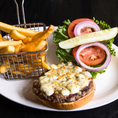 Premium beef burger topped with Stilton bleu cheese.