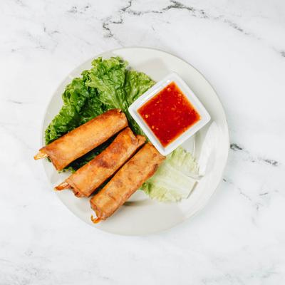 Shrimp Egg Rolls served with sweet chili sauce.