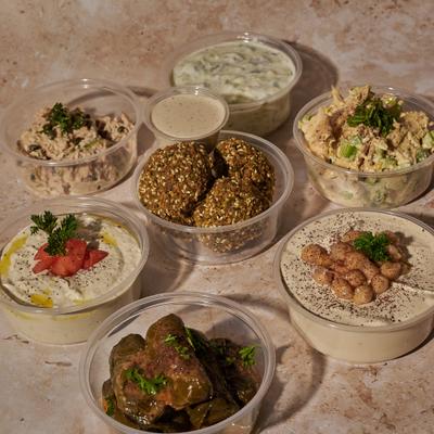 Falafel and various side dishes.