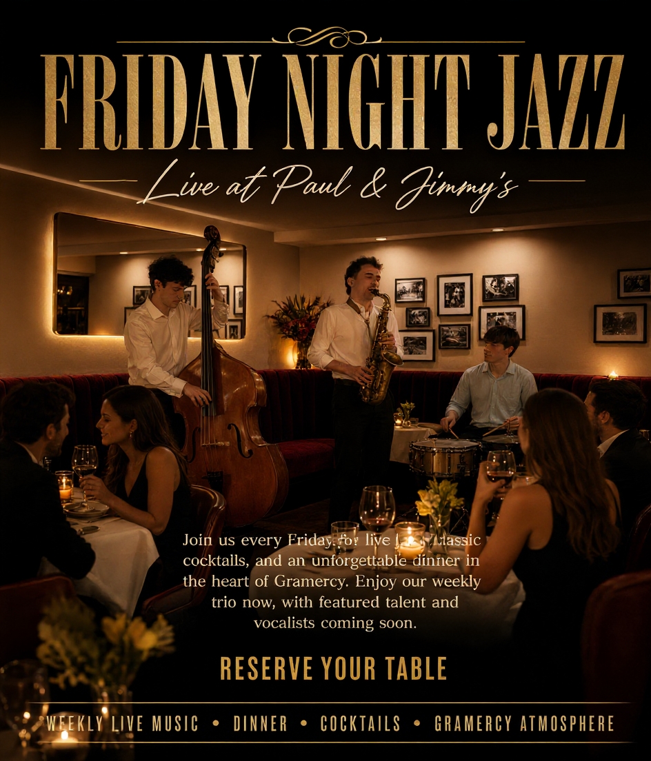 A musician holding a saxophone, the text is announcing a live Jazz Event and the musicians playing at the event.