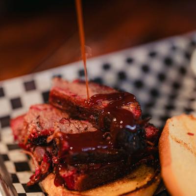 BBQ brisket sandwich.